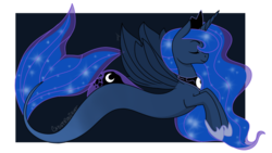 Size: 1024x576 | Tagged: safe, artist:cadetredshirt, princess luna, alicorn, merpony, seapony (g4), g4, blue background, blue mane, blue tail, crown, digital art, dorsal fin, ethereal mane, ethereal tail, eyes closed, female, fin wings, fish tail, flowing mane, flowing tail, happy, hoof shoes, horn, jewelry, mare, ocean, peytral, regalia, seaponified, seapony luna, signature, simple background, smiling, solo, species swap, starry mane, starry tail, swimming, tail, underwater, water, wings