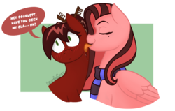 Size: 1024x652 | Tagged: safe, artist:cadetredshirt, oc, oc only, oc:cadetpone, oc:scarlett blade, earth pony, pegasus, pony, chopsticks, clothes, couple, female, lesbian, licking, oc x oc, scarf, shipping, shocked, simple background, tongue out, transparent background
