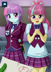 Size: 707x1000 | Tagged: safe, artist:uotapo, sour sweet, sunny flare, oc, oc:anon, equestria girls, g4, adoraflare, arm behind back, begging, blushing, clothes, colored pupils, crystal prep academy uniform, cute, detention, duo, duo female, f, fallout, female, freckles, looking at you, offscreen character, open mouth, pipboy, plaid skirt, pleated skirt, ponytail, pov, school uniform, skirt, smiling, sourbetes, sunny flare's wrist devices, uotapo is trying to murder us, whoops