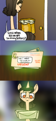 Size: 500x1071 | Tagged: safe, artist:quintessentially-peculiar, oc, oc only, oc:vinny, pony, unicorn, tumblr:ask little derpy, comic, letter, mail, solo