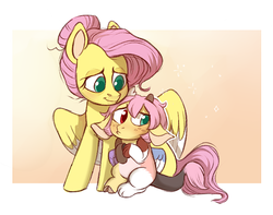 Size: 803x634 | Tagged: safe, artist:kapusha-blr, fluttershy, draconequus, hybrid, pegasus, pony, g4, abstract background, alternate hairstyle, colored pupils, cute, duo, female, fluttermom, hair bun, heterochromia, hug, interspecies offspring, mother and daughter, offspring, parent:discord, parent:fluttershy, parents:discoshy, smiling, winghug