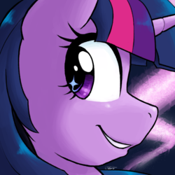 Size: 1500x1500 | Tagged: safe, artist:ketirz, twilight sparkle, alicorn, pony, g4, abstract background, bust, female, looking at you, looking back, mare, smiling, smirk, solo, starry eyes, twilight sparkle (alicorn), wingding eyes