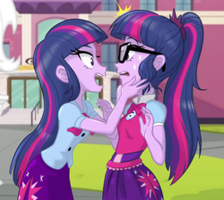 Size: 980x880 | Tagged: safe, artist:ta-na, sci-twi, twilight sparkle, equestria girls, g4, canterlot high, clothes, duality, duo, female, glasses, hand on face, looking at each other, personal space invasion, ponytail, self paradox, shocked, skirt, sweat, sweatdrops, twilight sparkle (alicorn), twolight, vest
