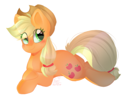 Size: 2259x1731 | Tagged: safe, artist:d-akii, applejack, earth pony, pony, g4, crossed hooves, female, hat, mare, prone, signature, simple background, smiling, solo, transparent background