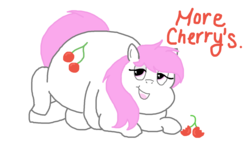 Size: 1920x1080 | Tagged: safe, artist:cherry1cupcake, oc, oc only, oc:cherry cerise, pony, cherry, fat, food, fruit, grammar error, happy, lying down, obese, solo