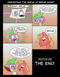 Size: 1024x1326 | Tagged: safe, artist:tech--pony, big macintosh, spike, sugar belle, dragon, pony, g4, the break up breakdown, bell, big mac doesn't know how to write postal address properly, comic, eeyup, food, good end, headcanon, illiteracy, implied sugar belle, package, pictogram, quill, quill pen, sugar (food), sugarcube