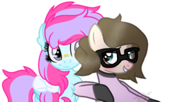 Size: 1210x720 | Tagged: safe, artist:bezziie, artist:thatonefluffs, oc, oc only, oc:strawberry pie, earth pony, pegasus, pony, female, glasses, mare, simple background, transparent background