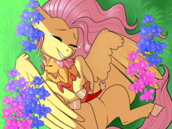 Size: 1024x768 | Tagged: safe, artist:loryska, fluttershy, oc, oc:larkspur, draconequus, hybrid, pony, g4, crying, female, flower, interspecies offspring, male, mother and son, offspring, on back, parent:discord, parent:fluttershy, parents:discoshy, tears of joy
