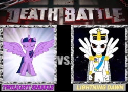 Size: 1008x720 | Tagged: safe, artist:alphamonouryuuken, twilight sparkle, oc, oc:lightning dawn, alicorn, pony, g4, dakari king mykan, death battle, exploitable meme, fanfic, fanfic art, meme, my brave pony, my little unicorn, story in the source, twilight sparkle (alicorn)