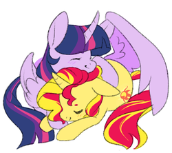 Size: 573x508 | Tagged: safe, artist:clayterran, sunset shimmer, twilight sparkle, alicorn, pony, unicorn, g4, cuddling, curved horn, cute, cutie mark, eyes closed, female, horn, lesbian, mare, one wing out, ship:sunsetsparkle, shipping, simple background, sleeping, twilight sparkle (alicorn), white background