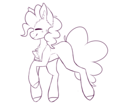 Size: 3900x3360 | Tagged: safe, artist:d-akii, pinkie pie, earth pony, pony, g4, chest fluff, ear fluff, eyes closed, female, high res, lineart, mare, missing cutie mark, monochrome, open collaboration, raised hoof, simple background, smiling, solo, transparent background