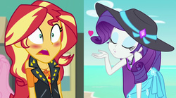 Size: 1260x700 | Tagged: safe, edit, edited screencap, screencap, rarity, sunset shimmer, equestria girls, equestria girls specials, g4, my little pony equestria girls: better together, my little pony equestria girls: forgotten friendship, blowing a kiss, blushing, female, heart, lesbian, shipping, sunsarity