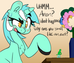 Size: 2080x1768 | Tagged: safe, artist:niggerdrawfag, lyra heartstrings, oc, oc:anon, human, g4, anonymous, blushing, dialogue, flower, micro