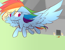 Size: 1241x961 | Tagged: safe, artist:snowbunny0820, rainbow dash, pony, g4, commission, eye clipping through hair, flying, free, freedom, good end, grass, hair over one eye, prison, prisoner rd, royal guard, signature, smiling