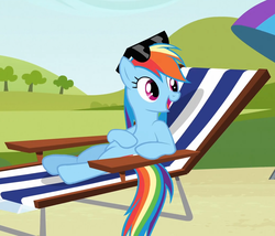 Size: 1030x882 | Tagged: safe, screencap, rainbow dash, pony, g4, my little pony: friendship is magic, too many pinkie pies, cropped, female, happy, lounging, reclining, solo, sunbathing, sunglasses, umbrella