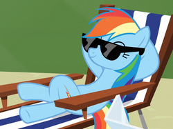 Size: 1444x1080 | Tagged: safe, screencap, rainbow dash, pegasus, pony, g4, too many pinkie pies, chillaxing, cropped, female, mare, solo, sunbathing, sunglasses