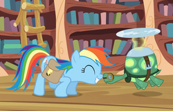 Size: 1400x899 | Tagged: safe, screencap, rainbow dash, tank, pegasus, pony, g4, just for sidekicks, my little pony: friendship is magic, boop, cute, dashabetes, eyes closed, female, golden oaks library, mare, noseboop, smiling