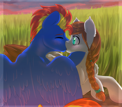 Size: 1600x1400 | Tagged: safe, artist:ren', oc, oc only, oc:scarlett drop, oc:wing hurricane, pegasus, pony, blue, brown mane, ears, ears up, emerald eyes, eyes closed, female, grass, ground, kissing, large wings, looking at something, male, mare, oc x oc, pegasus oc, pigtails, red mane, scarricane, shipping, sky, stallion, straight, sunset, wings, yellow mane