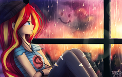 Size: 1900x1200 | Tagged: safe, artist:tcn1205, sunset shimmer, human, equestria girls, g4, beanie, clothes, female, hat, headphones, human coloration, humanized, looking out the window, misted glass drawing, pants, pony coloring, rain, shirt, sitting, smiley face, solo, spiked wristband, window, wristband