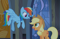 Size: 1510x980 | Tagged: safe, screencap, applejack, rainbow dash, earth pony, pegasus, pony, castle mane-ia, g4, cropped, duo, female, flying, looking at each other, mare, open mouth, talking