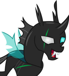 Size: 1211x1326 | Tagged: safe, artist:frownfactory, oc, oc only, unnamed oc, changeling, .svg available, blind eye, broken tooth, changeling oc, chipped tooth, eye scar, horn, injured, open mouth, scar, simple background, solo, svg, transparent background, vector, wings