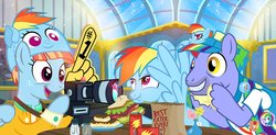 Size: 1100x542 | Tagged: safe, artist:pixelkitties, bow hothoof, rainbow dash, windy whistles, equestria girls, g4, camera, cutie mark, eating, excited, foam finger, hat
