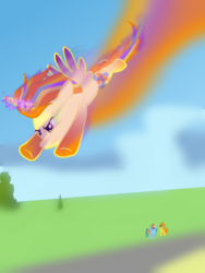 Size: 1800x2400 | Tagged: artist needed, safe, rainbow dash, spitfire, oc, alicorn, pony, g4, alicorn oc, flying, speed trail