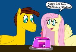 Size: 3204x2196 | Tagged: safe, alternate version, artist:sb1991, fluttershy, oc, oc:film reel, pegasus, pony, g4, anniversary, cake, candle, dialogue, equestria amino, food, high res, logo, missing cutie mark, speech bubble