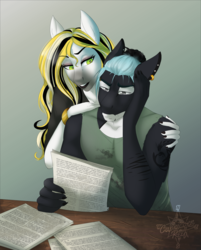 Size: 2327x2897 | Tagged: safe, artist:askbubblelee, oc, oc only, oc:golden delicious, oc:mako, earth pony, hybrid, orca pony, original species, anthro, anthro oc, clothes, ear piercing, female, high res, lipstick, male, mare, nail polish, paper, piercing, simple background, sitting, smiling, stallion, story in the source, tattoo, uncomfortable, uneasy