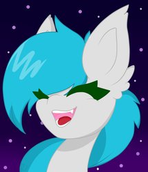 Size: 1758x2048 | Tagged: source needed, useless source url, safe, artist:kittyrosie, oc, oc only, oc:sister note, bat pony, pony, bust, cute, eyes closed, fangs, ocbetes, open mouth, smiling, solo