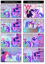 Size: 620x877 | Tagged: safe, artist:sweetsound, twilight sparkle, alicorn, original species, pony, succubus, youkai, g4, 4koma, blue mane, blue tail, blushing, book, bookshelf, chair, comic, crossover, game of thrones, glasses, hat, horn, indoors, koakuma, library, light skin, long hair, long mane, long tail, mob cap, necktie, open mouth, patchouli knowledge, pink mane, pink tail, purple hair, purple mane, purple tail, red hair, ribbon, sitting, smiling, standing, table, tail, touhou, translation, twilight sparkle (alicorn), window, wings