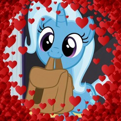Size: 720x720 | Tagged: safe, edit, edited screencap, screencap, trixie, pony, unicorn, g4, to where and back again, cute, diatrixes, female, heart, looking at you, mare, mouth hold, saddle bag, solo, to saddlebags and back again