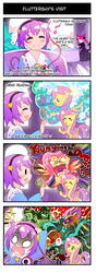 Size: 372x1052 | Tagged: safe, artist:sweetsound, fluttershy, saddle rager, g4, the best night ever, 4koma, anime, comic, crossover, flutterhulk, kaenbyou rin, komeiji satori, power ponies, the incredible hulk, touhou, translation, wolverine, you're going to love me