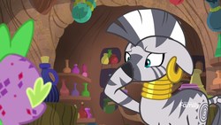 Size: 1920x1080 | Tagged: safe, screencap, spike, zecora, dragon, g4, molt down, boop, discovery family logo, plugged nose, self-boop, stone scales, zecora's hut