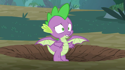 Size: 1280x720 | Tagged: safe, screencap, spike, dragon, g4, molt down, crater, male, solo, spread wings, winged spike, wings