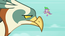 Size: 1280x720 | Tagged: safe, screencap, spike, bird, dragon, roc, g4, molt down, duo, flying, male, winged spike, wings