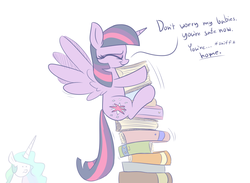 Size: 1500x1100 | Tagged: safe, artist:heir-of-rick, princess celestia, twilight sparkle, alicorn, pony, g4, adorkable, book, cute, dialogue, dork, duo, eyes closed, female, happy, mare, simple background, that pony sure does love books, tower of books, twiabetes, twilight sparkle (alicorn), white background