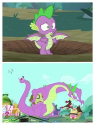Size: 3106x4096 | Tagged: safe, edit, screencap, rarity, spike, dragon, pony, unicorn, g4, molt down, secret of my excess, coils, comparison, crater, greed spike, male, spikezilla, spread wings, winged spike, wings