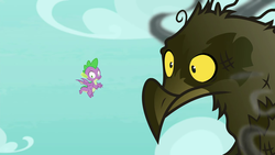 Size: 1280x720 | Tagged: safe, screencap, spike, bird, dragon, roc, g4, molt down, burned, burnt feathers, duo, flying, male, smoke, wide eyes, winged spike, wings