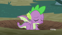 Size: 1920x1080 | Tagged: safe, screencap, spike, dragon, g4, molt down, crater, discovery family logo, eyes closed, male, solo, winged spike, wings