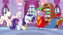 Size: 1920x1080 | Tagged: safe, screencap, rarity, spike, g4, molt down, abuse, and then there's rarity, clothes, crossdressing, discovery family logo, dress, glasses, measuring tape, model, phoenix dress, rarity's glasses, spikeabuse, winged spike, wings