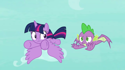 Size: 1280x720 | Tagged: safe, screencap, spike, twilight sparkle, alicorn, pony, g4, molt down, flying, twilight sparkle (alicorn), winged spike, wings