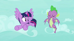 Size: 1280x720 | Tagged: safe, screencap, spike, twilight sparkle, alicorn, pony, g4, molt down, twilight sparkle (alicorn), winged spike, wings