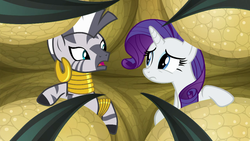 Size: 1280x720 | Tagged: safe, screencap, rarity, zecora, bird, pony, roc, unicorn, zebra, g4, molt down, claw, female, mare