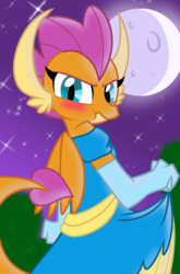 Size: 800x1214 | Tagged: safe, artist:emositecc, smolder, dragon, g4, blushing, clothes, dragoness, dress, female, full moon, girly, gloves, hilarious in hindsight, long gloves, looking back, moon, night, princess smolder, puffy cheeks, smolder also dresses in style, solo, stars, tomboy taming, upset, wavy mouth