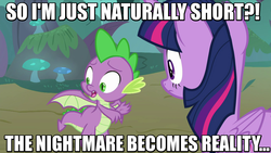 Size: 1062x598 | Tagged: safe, edit, edited screencap, screencap, spike, twilight sparkle, alicorn, dragon, pony, g4, molt down, distressed, duo, female, image macro, male, mare, meme, puberty, short, twilight sparkle (alicorn), winged spike, wings