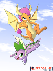 Size: 600x800 | Tagged: safe, artist:phoenixperegrine, smolder, spike, dragon, g4, molt down, cloud, dragoness, female, flying, looking at you, male, patreon, patreon logo, sky, smiling, winged spike, wings