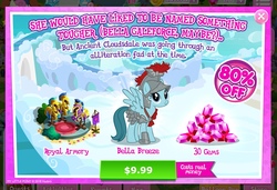 Size: 2048x1397 | Tagged: safe, gameloft, idw, bella breeze, pegasus, pony, g4, legends of magic, my little pony: magic princess, advertisement, armor, armory, costs real money, crack is cheaper, female, game screencap, gem, helmet, idw showified, introduction card, mare, solo