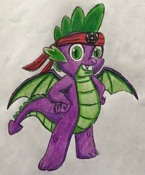 Size: 2168x2615 | Tagged: safe, artist:bozzerkazooers, spike, dragon, g4, molt down, headband, high res, male, solo, traditional art, winged spike, wings