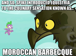 Size: 759x562 | Tagged: safe, edit, edited screencap, screencap, spike, bird, dragon, roc, g4, molt down, burned, burnt feathers, charred, duo, flying, image macro, male, meme, misspelling, pun, smoke, solo, wide eyes, winged spike, wings